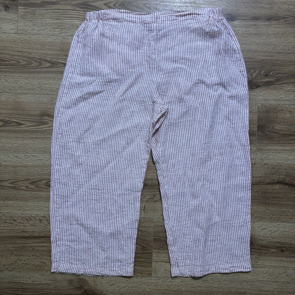 FLAX Linen Wide Leg Pants Women’s Medium Red Stripe Elastic Waist Crop Lagenlook